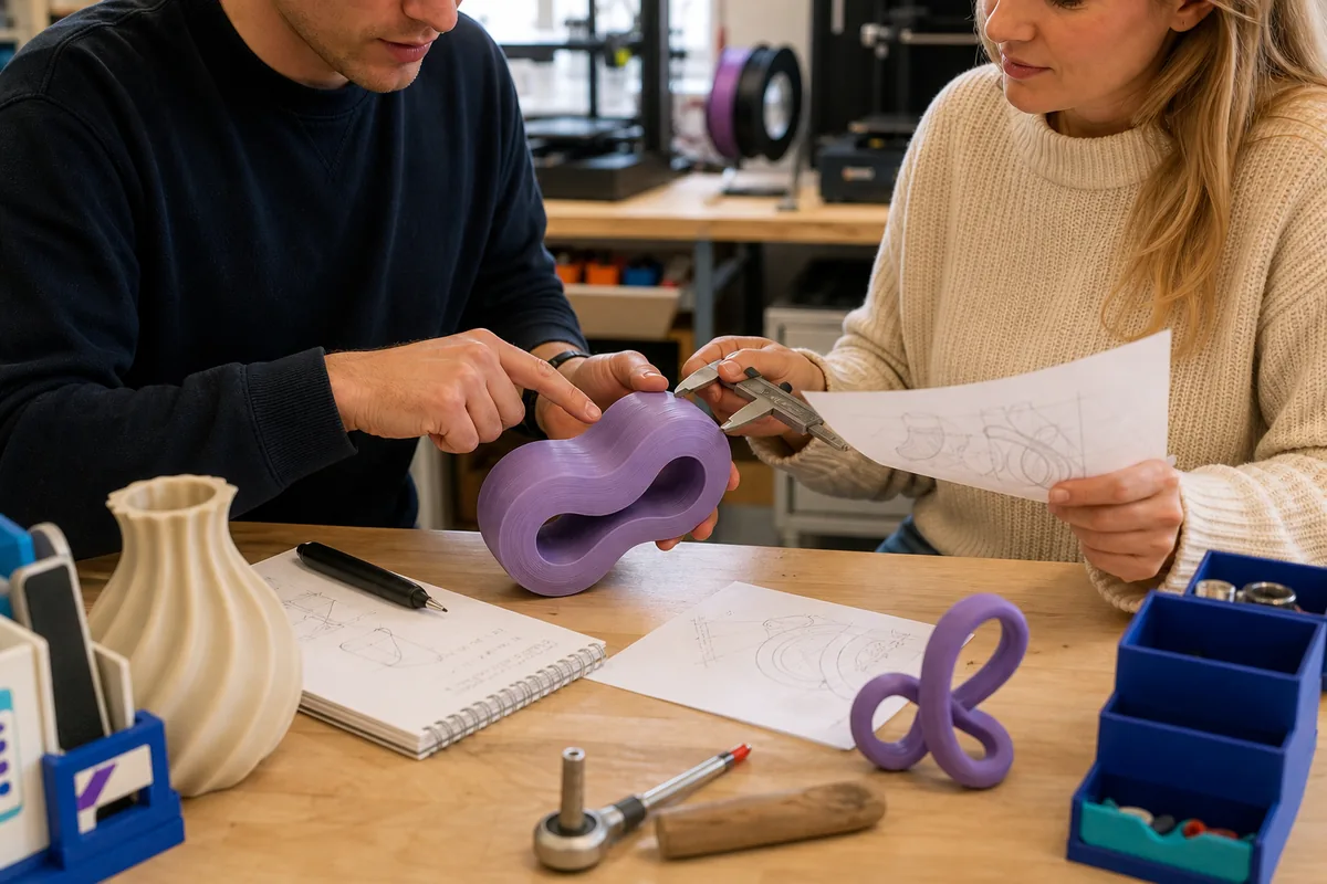Skisser og printede deler på et arbeidsbord