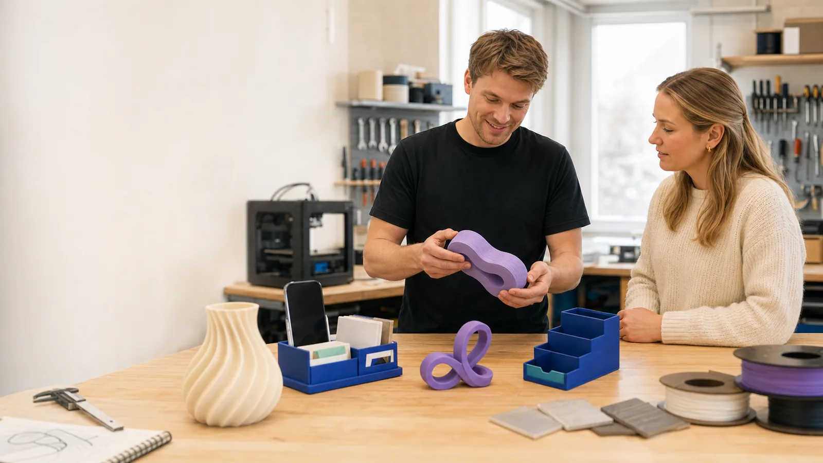 Arbeidsbord i et verksted med 3D-printer og materialprøver